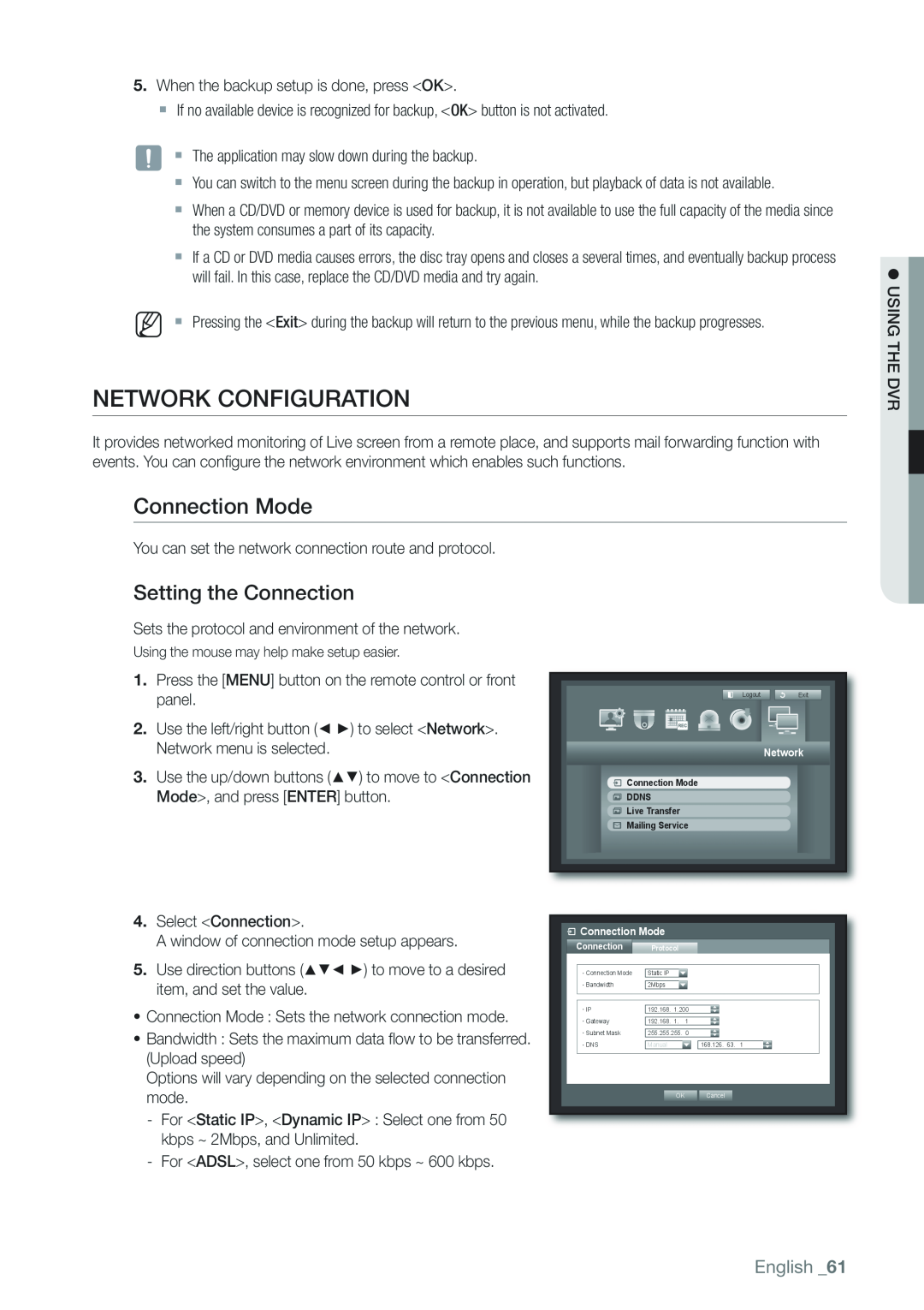 Samsung SRD-1630D, 870D, 1670D, 1650D, SRD-850D Network Configuration, Connection Mode, Setting the Connection, English 