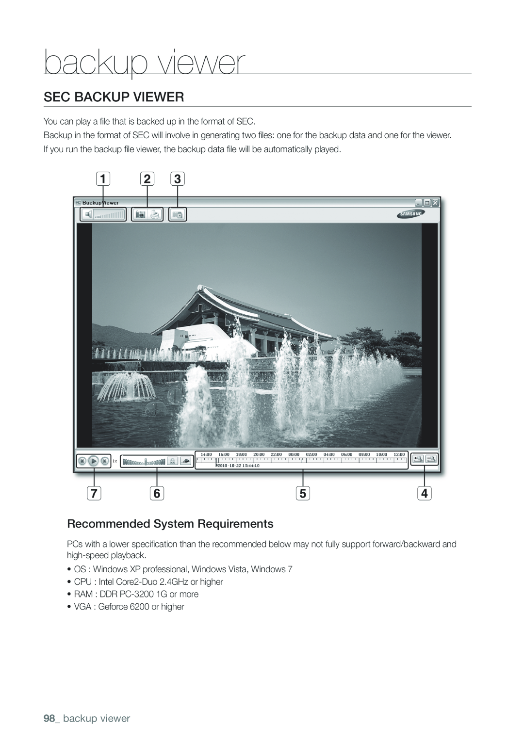 Samsung 870D, 1670D, 1650D, SRD-850D, SRD-830D backup viewer, SEC Backup Viewer, Recommended System Requirements 