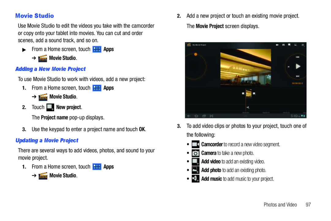 Samsung 8.9 user manual Adding a New Movie Project, Movie Studio Touch New project, Updating a Movie Project 