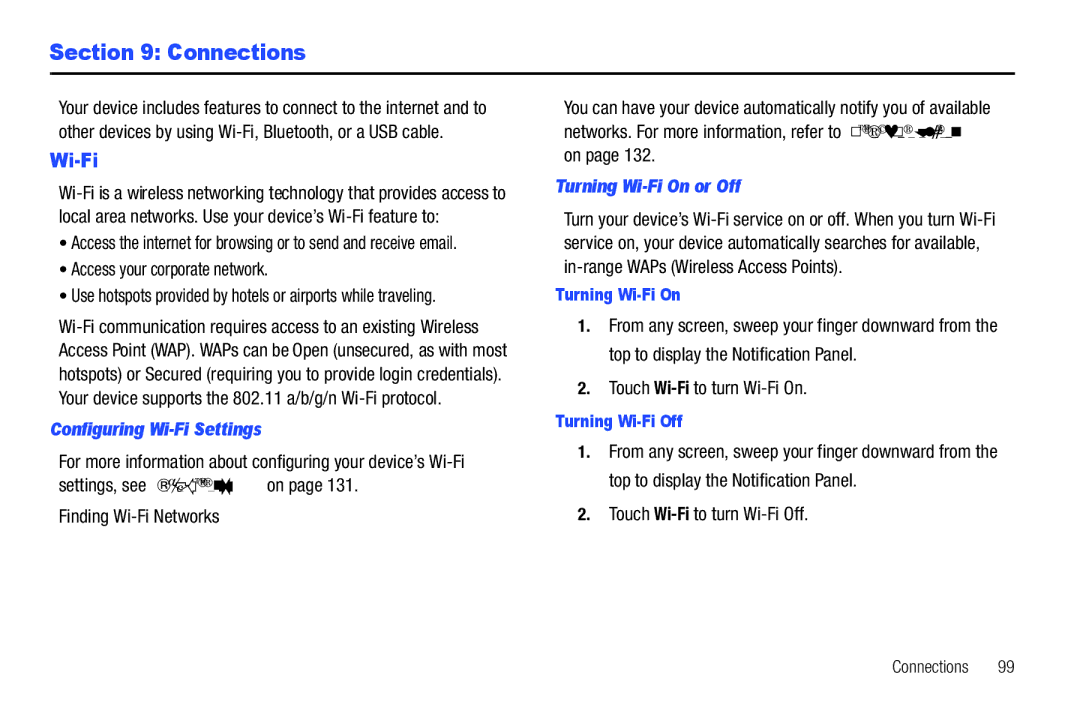 Samsung 8.9 user manual Connections, Configuring Wi-Fi Settings, Turning Wi-Fi On or Off 