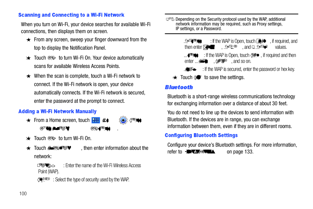 Samsung 8.9 user manual Bluetooth, Scanning and Connecting to a Wi-Fi Network, Adding a Wi-Fi Network Manually 