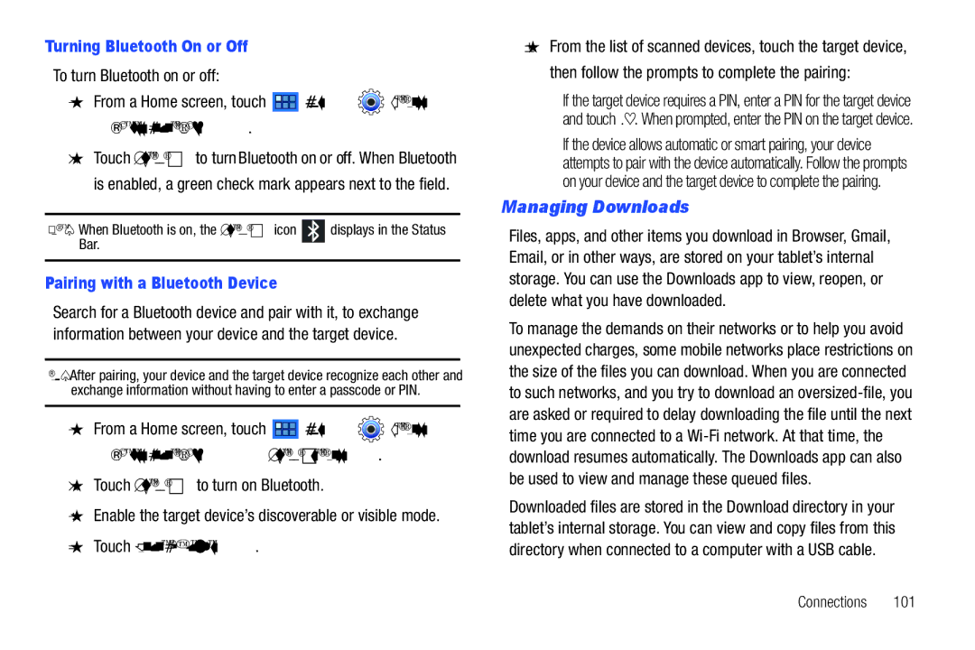 Samsung 8.9 user manual Managing Downloads, Turning Bluetooth On or Off, Pairing with a Bluetooth Device 