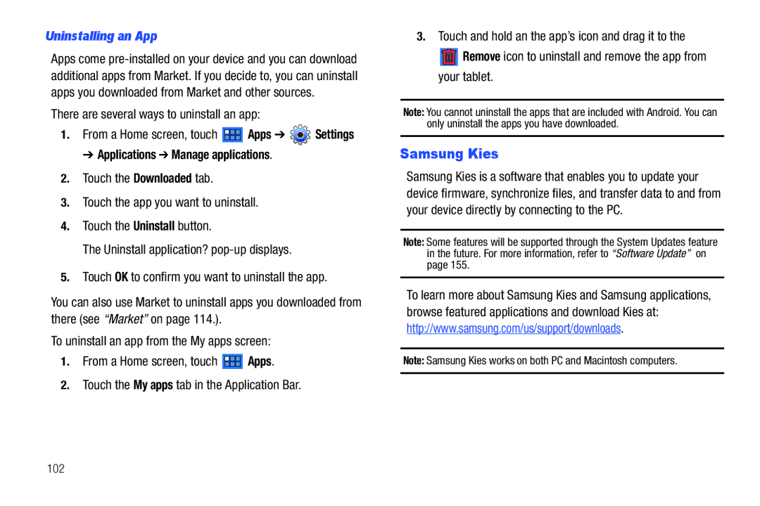 Samsung 8.9 user manual Samsung Kies, Uninstalling an App, There are several ways to uninstall an app 