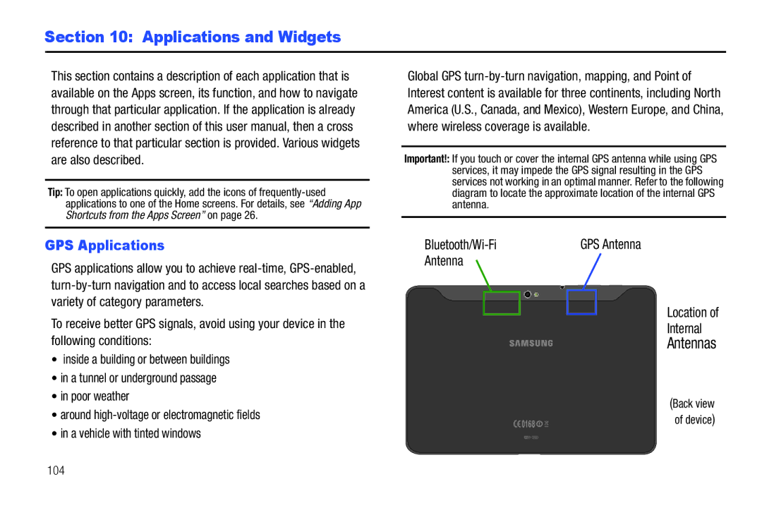 Samsung 8.9 user manual Applications and Widgets, GPS Applications, 104 