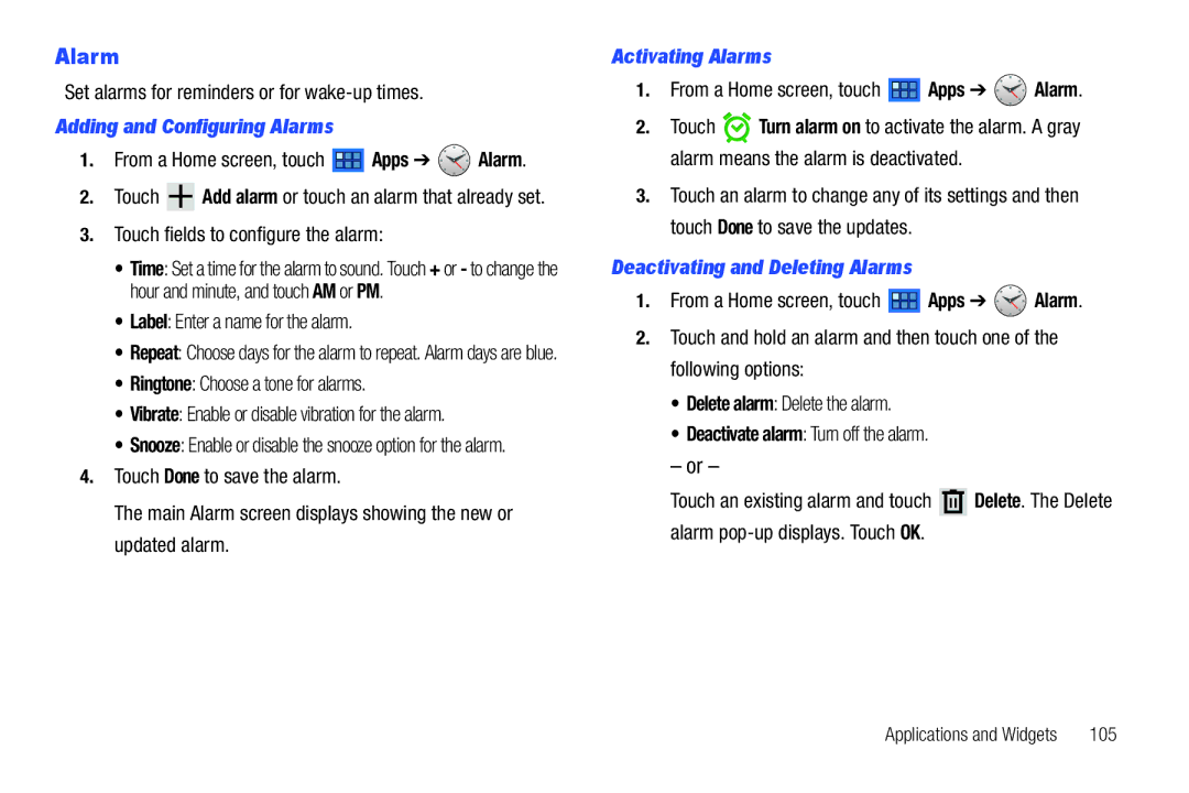 Samsung 8.9 user manual Adding and Configuring Alarms, Activating Alarms, Deactivating and Deleting Alarms 