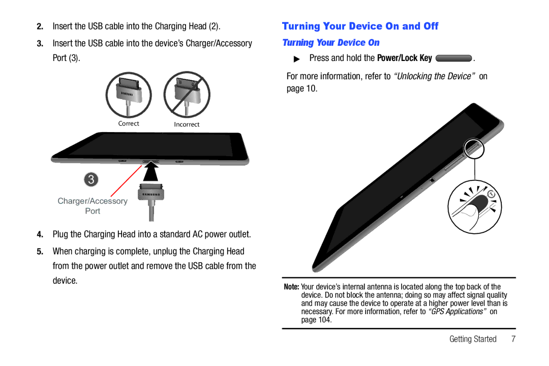 Samsung 8.9 user manual Turning Your Device On and Off, Plug the Charging Head into a standard AC power outlet 