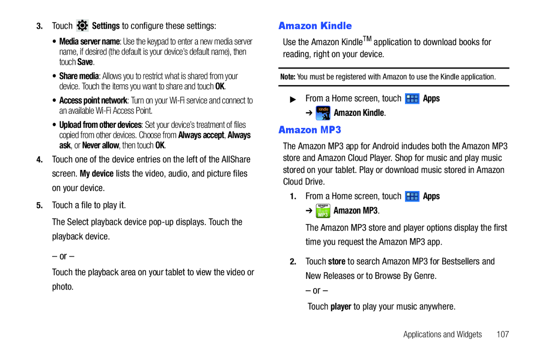 Samsung 8.9 user manual Amazon Kindle, Amazon MP3 