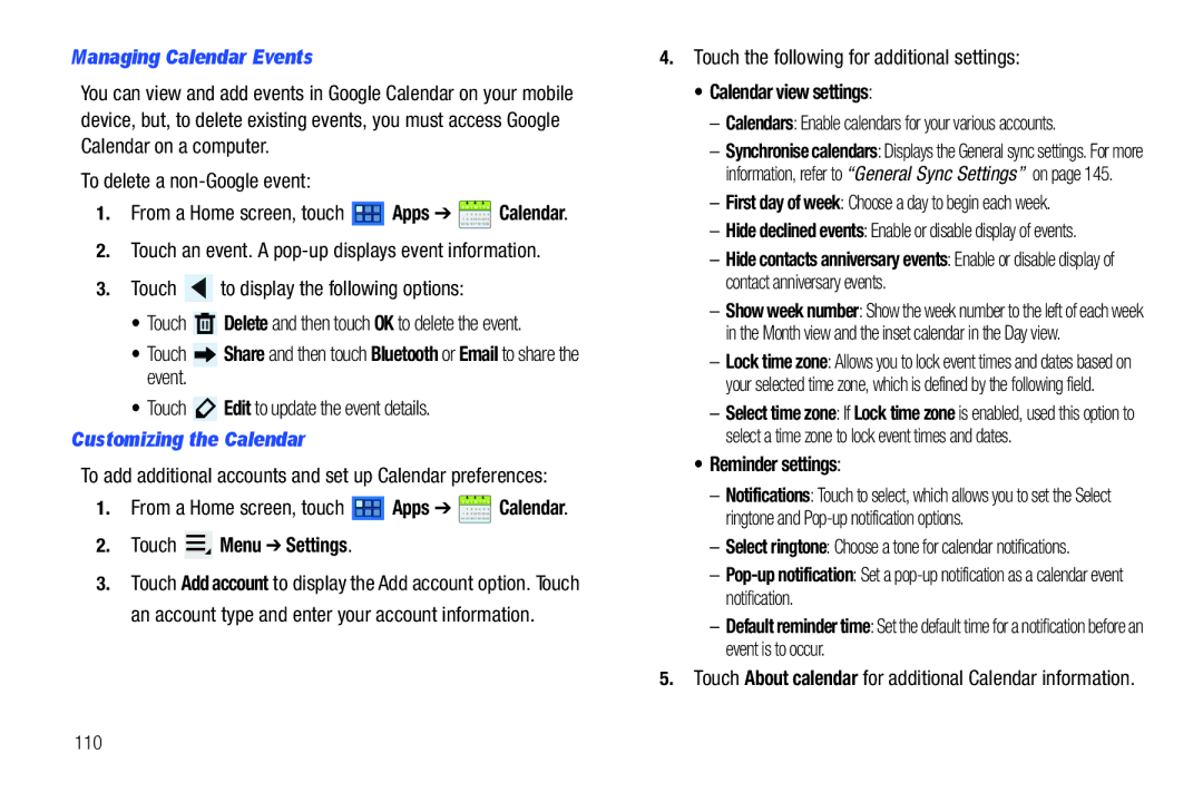 Samsung 8.9 user manual Managing Calendar Events, Customizing the Calendar, Touch Menu Settings, Calendar view settings 