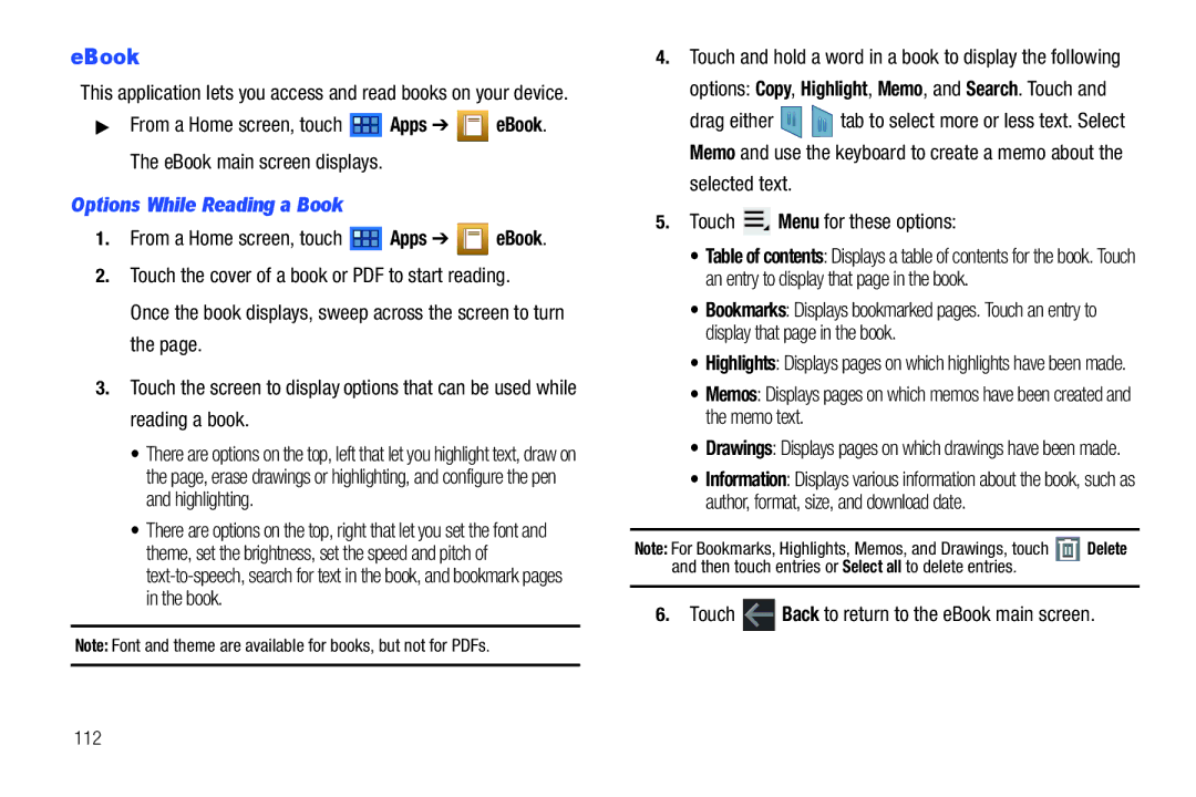 Samsung 8.9 user manual EBook, Options While Reading a Book, Touch Back to return to the eBook main screen, 112 