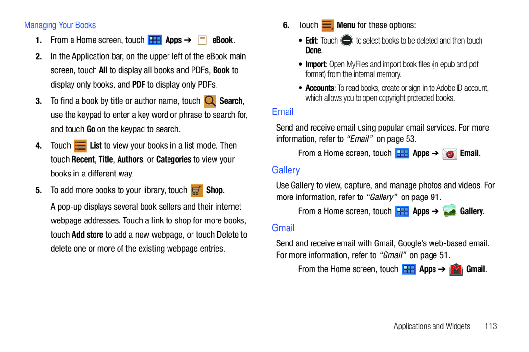 Samsung 8.9 Managing Your Books, To add more books to your library, touch Shop, From a Home screen, touch Apps Gallery 