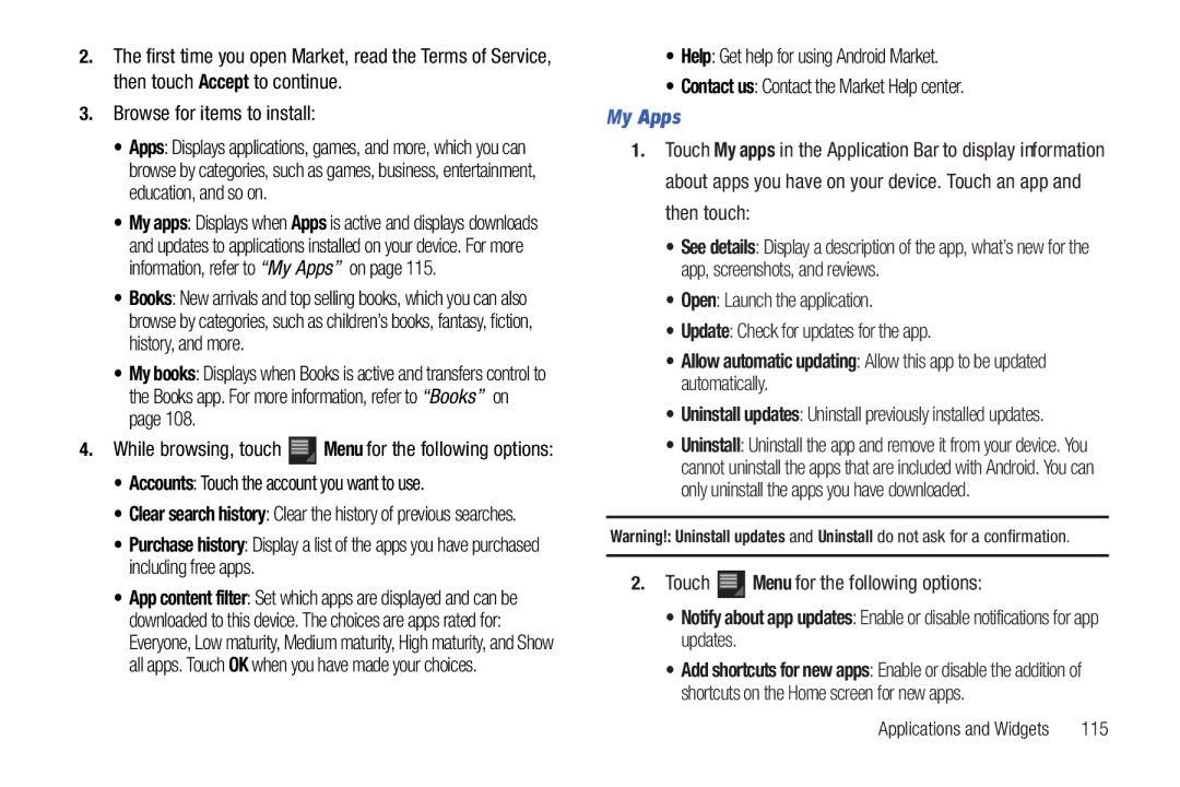 Samsung 8.9 user manual Browse for items to install, Accounts Touch the account you want to use, My Apps, 115 