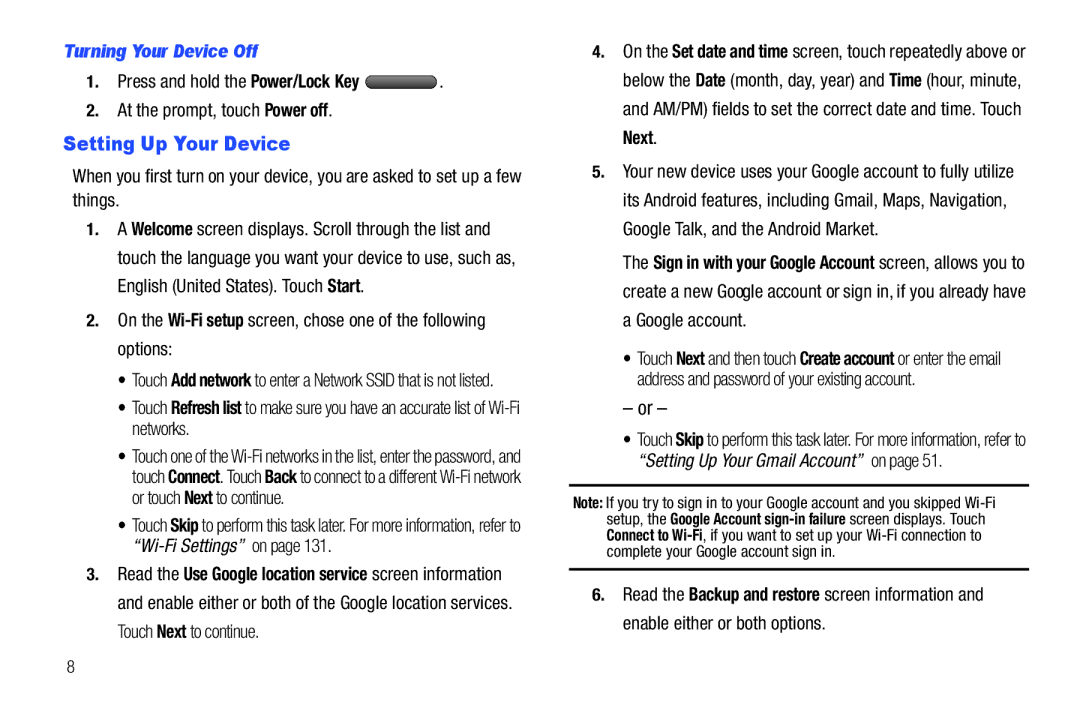 Samsung 8.9 user manual Setting Up Your Device, Turning Your Device Off, Touch Next to continue 