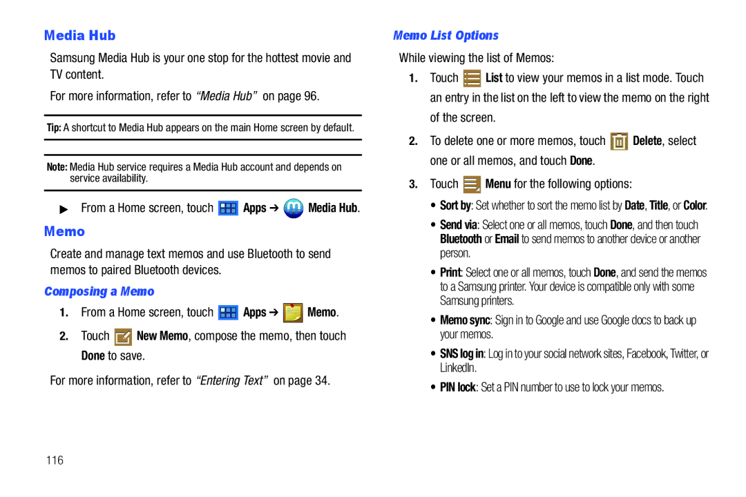 Samsung 8.9 user manual Composing a Memo, Touch New Memo, compose the memo, then touch Done to save, Memo List Options 