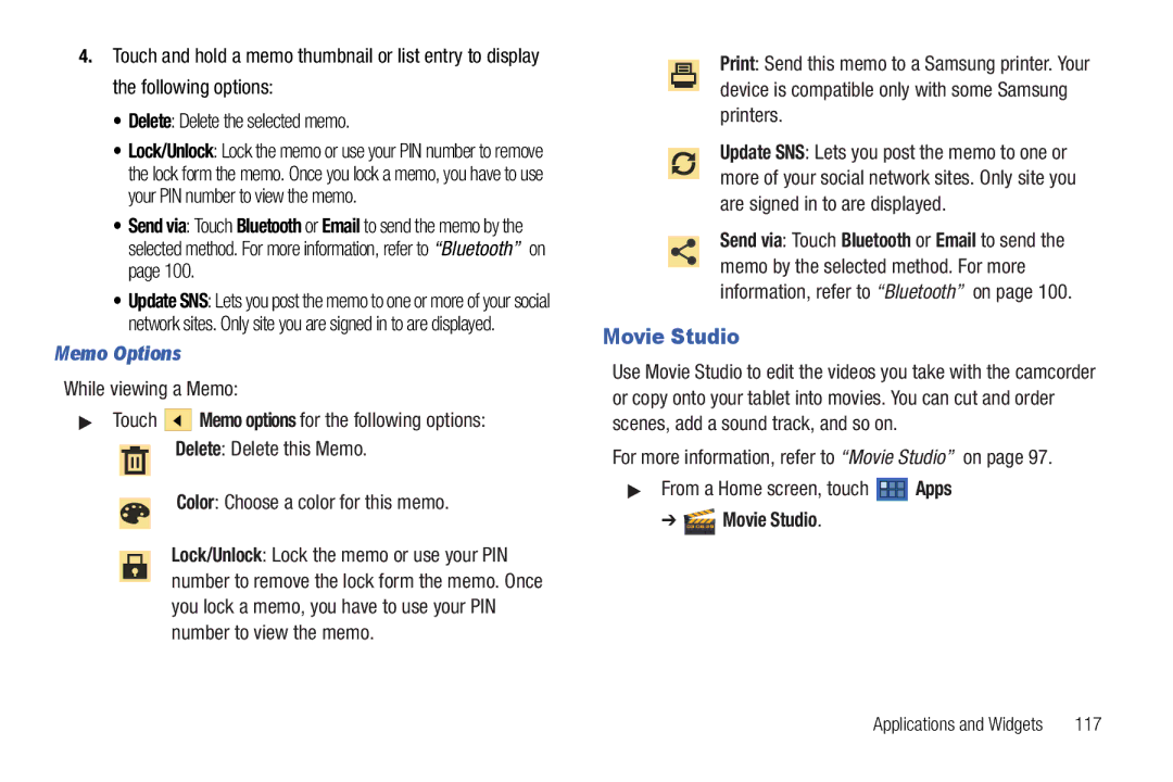 Samsung 8.9 user manual Memo Options, 117 