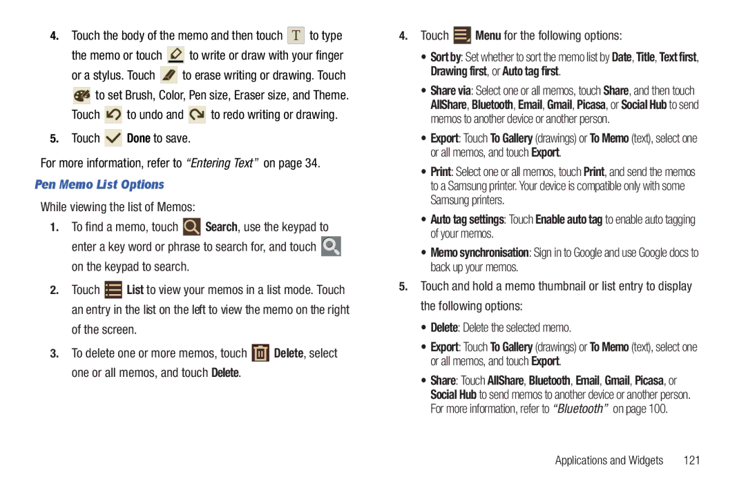 Samsung 8.9 user manual Pen Memo List Options, While viewing the list of Memos, 121 