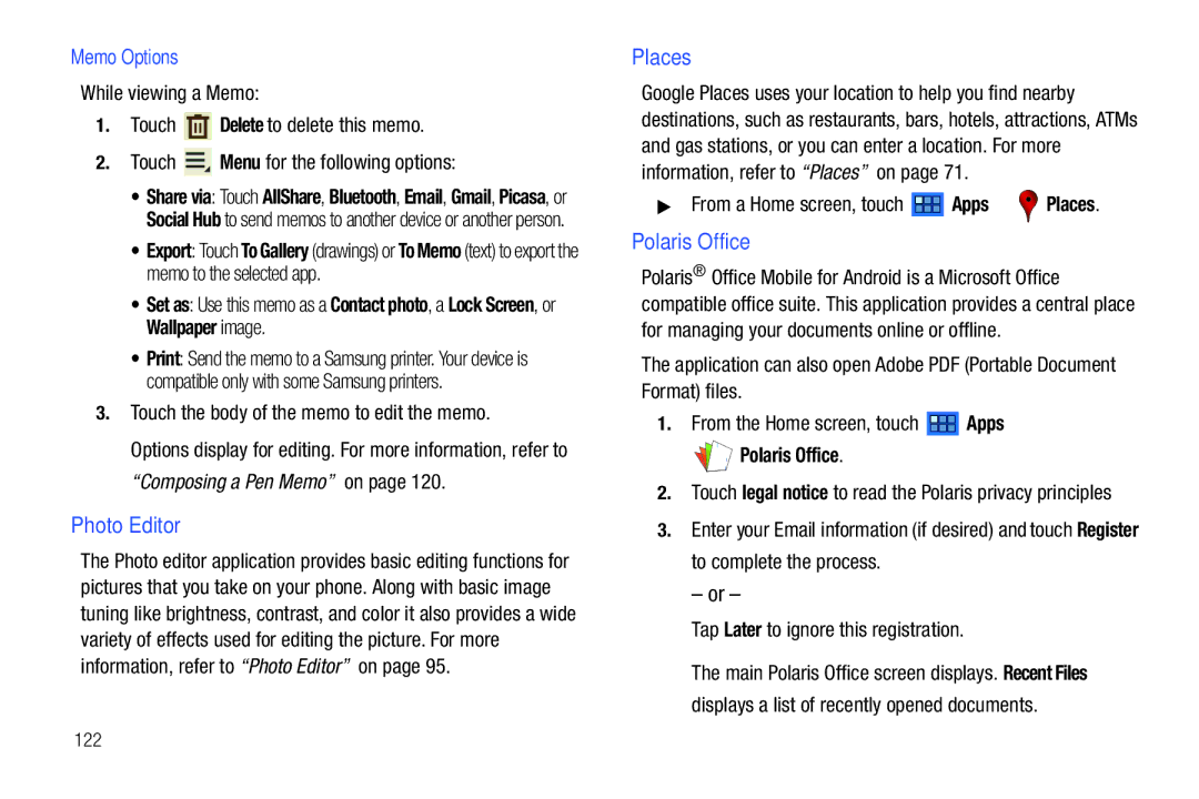 Samsung 8.9 user manual Polaris Office, Touch the body of the memo to edit the memo, From a Home screen, touch Apps Places 