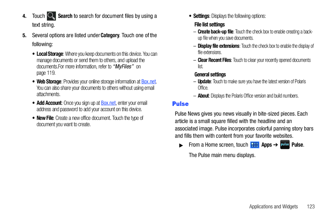 Samsung 8.9 user manual Pulse, Settings Displays the following options, File list settings, 123 