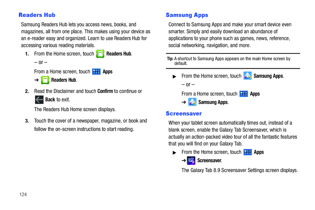 Samsung 8.9 user manual Readers Hub, Samsung Apps, Screensaver 