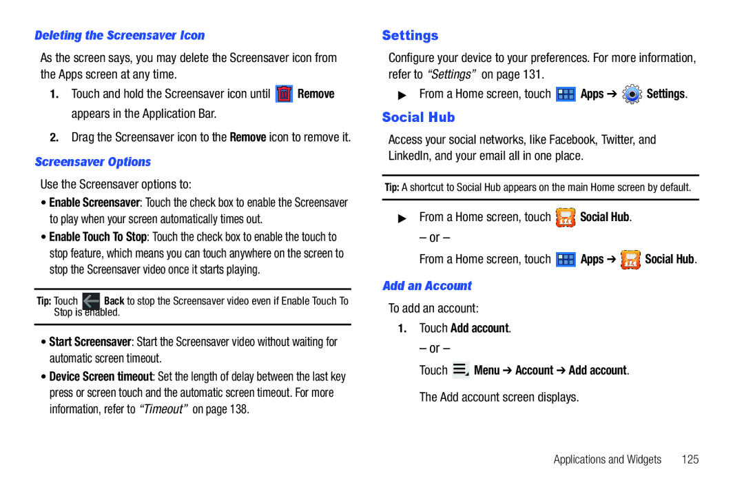 Samsung 8.9 user manual Settings, Social Hub, Deleting the Screensaver Icon, Screensaver Options, Add an Account 