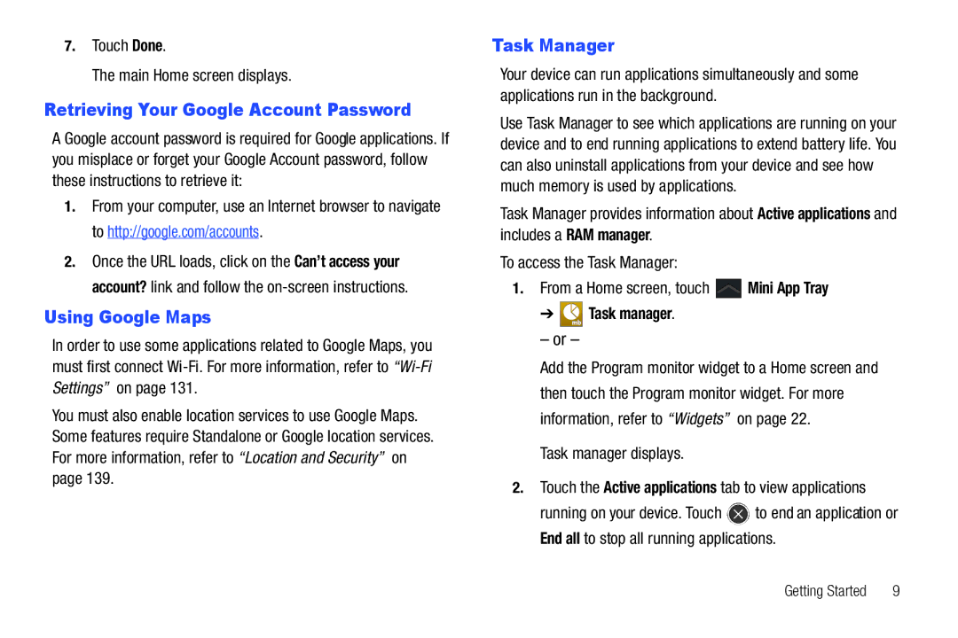 Samsung 8.9 user manual Retrieving Your Google Account Password, Using Google Maps, Task Manager, Task manager 