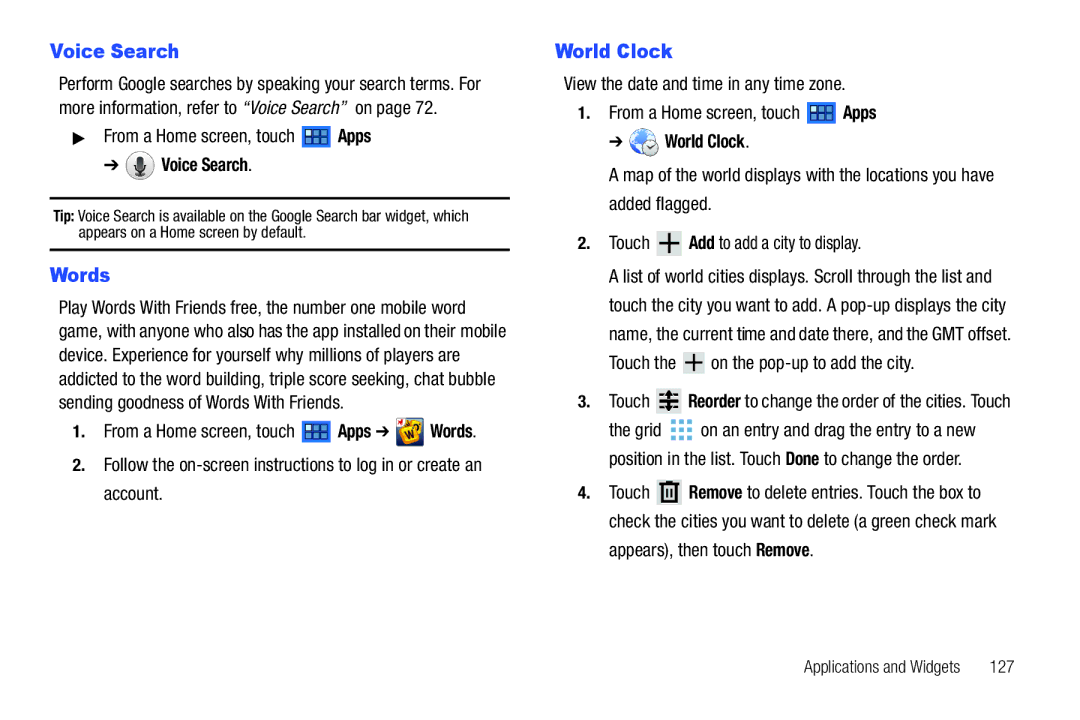 Samsung 8.9 user manual Words, World Clock, Touch the on the pop-up to add the city 