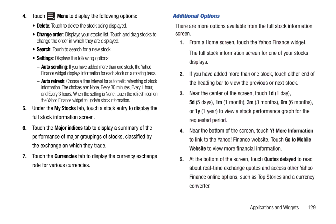 Samsung 8.9 user manual Additional Options, Delete Touch to delete the stock being displayed, 129 