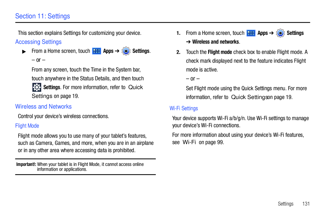 Samsung 8.9 user manual Accessing Settings, Wireless and Networks, Flight Mode, Wi-Fi Settings 