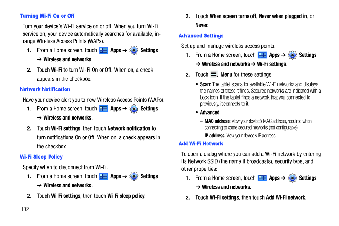 Samsung 8.9 user manual Specify when to disconnect from Wi-Fi, Never, Set up and manage wireless access points 