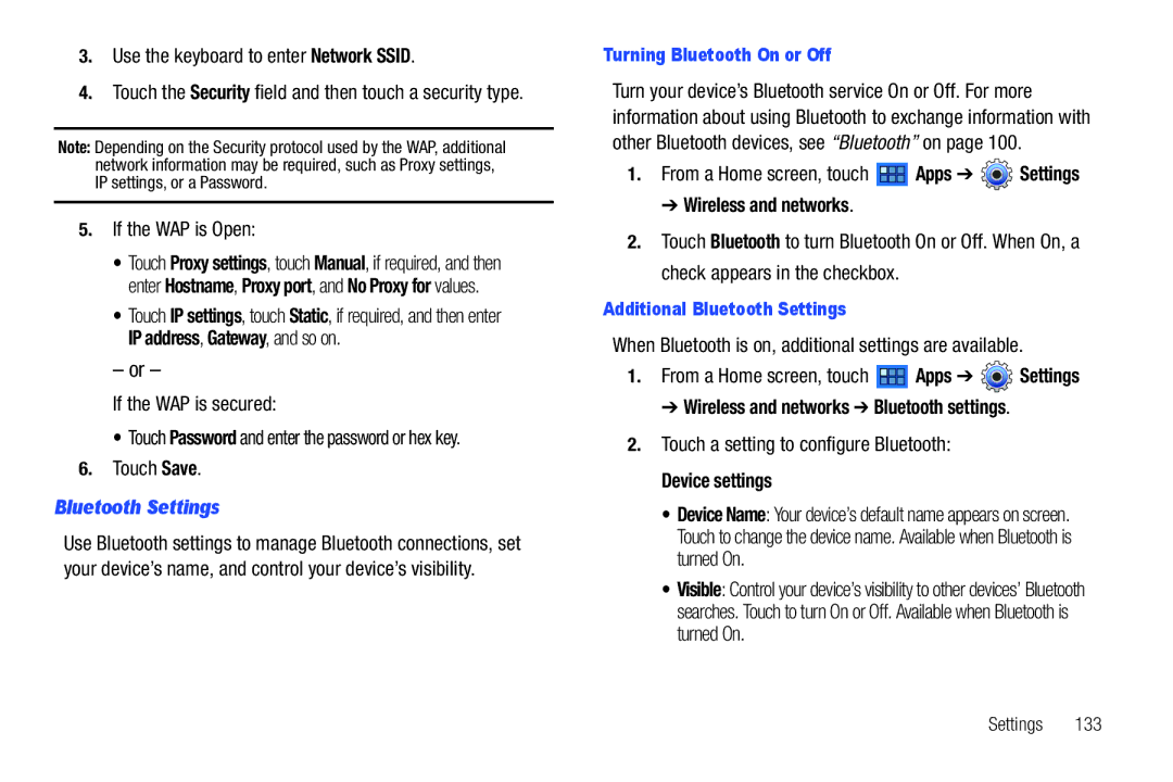 Samsung 8.9 user manual Bluetooth Settings, Device settings 