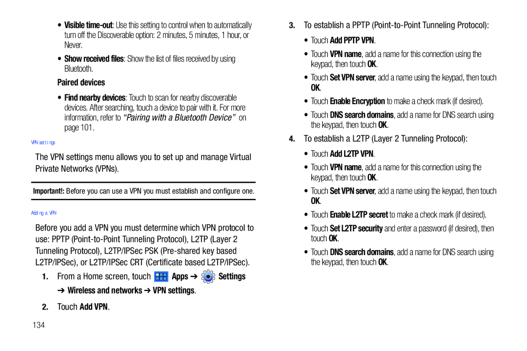 Samsung 8.9 user manual Adding a VPN, Wireless and networks VPN settings, Touch Add Pptp VPN, Touch Add L2TP VPN 