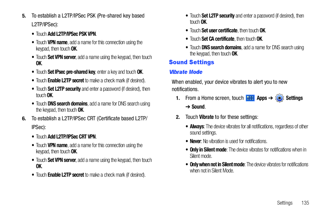 Samsung 8.9 user manual Sound Settings, Vibrate Mode 