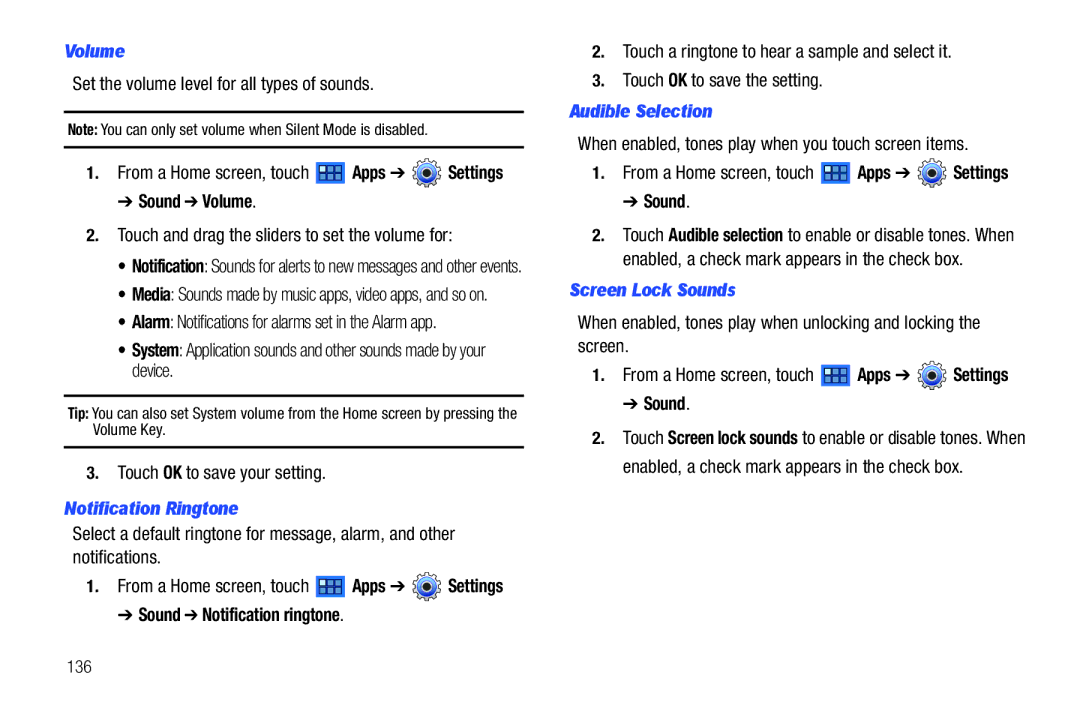 Samsung 8.9 user manual Volume, Notification Ringtone, Sound Notification ringtone, Audible Selection, Screen Lock Sounds 