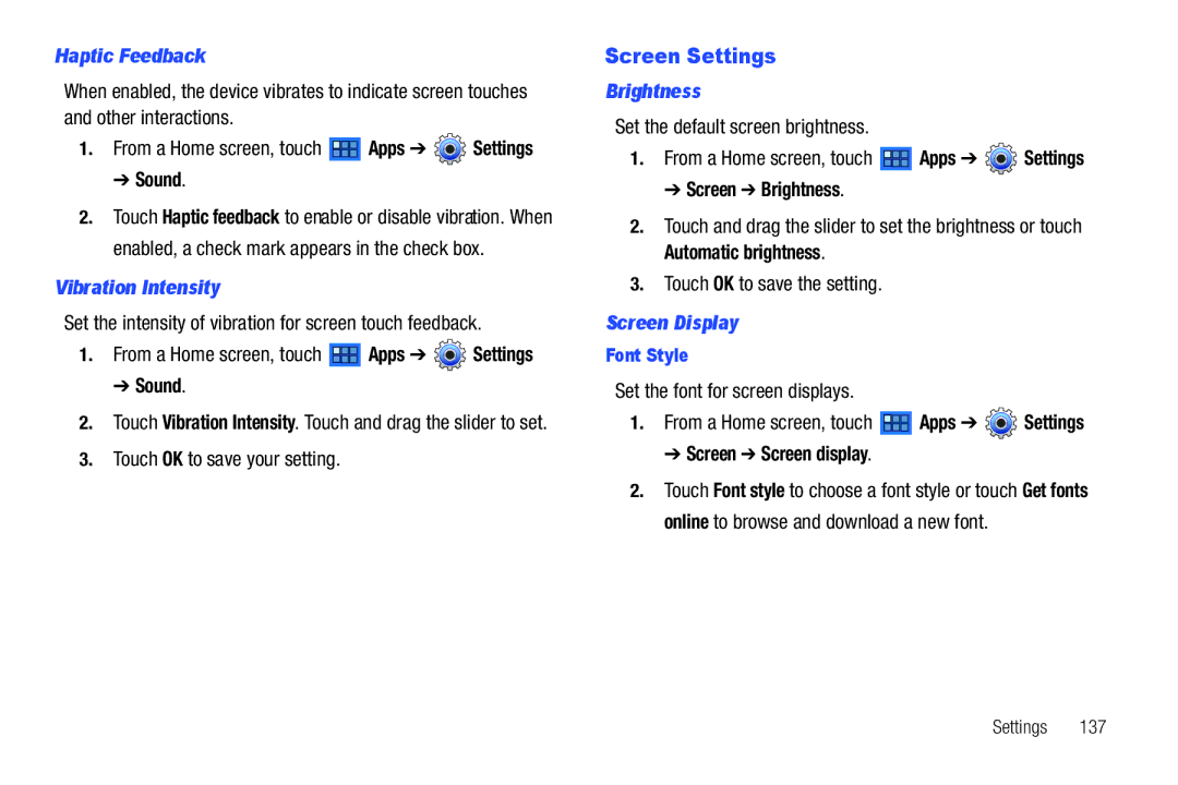 Samsung 8.9 user manual Screen Settings, Haptic Feedback, Vibration Intensity, Brightness, Screen Display 