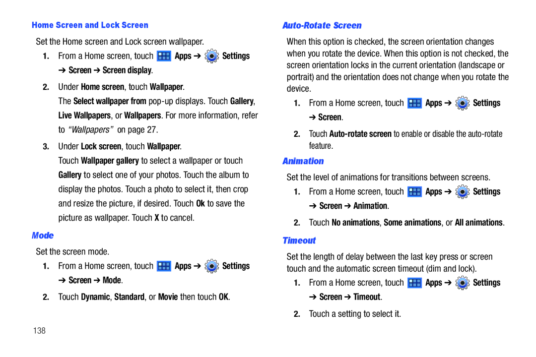 Samsung 8.9 user manual Mode, Auto-Rotate Screen, Animation, Timeout 