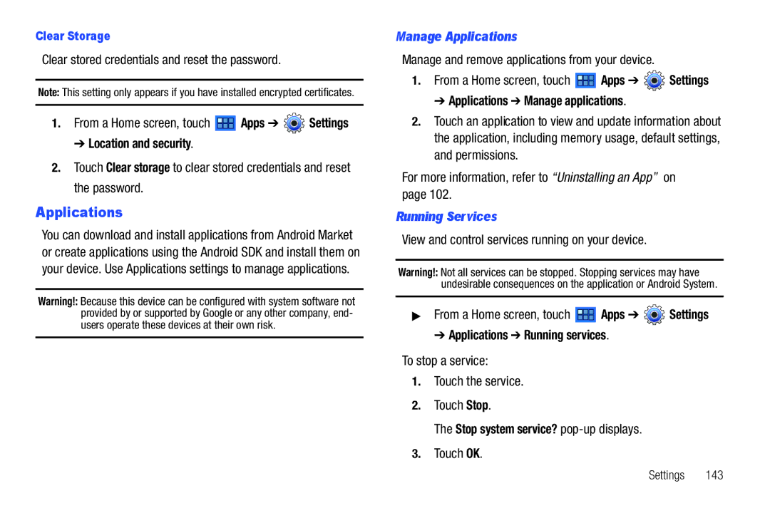 Samsung 8.9 Manage Applications, Running Services, Applications Running services, Stop system service? pop-up displays 