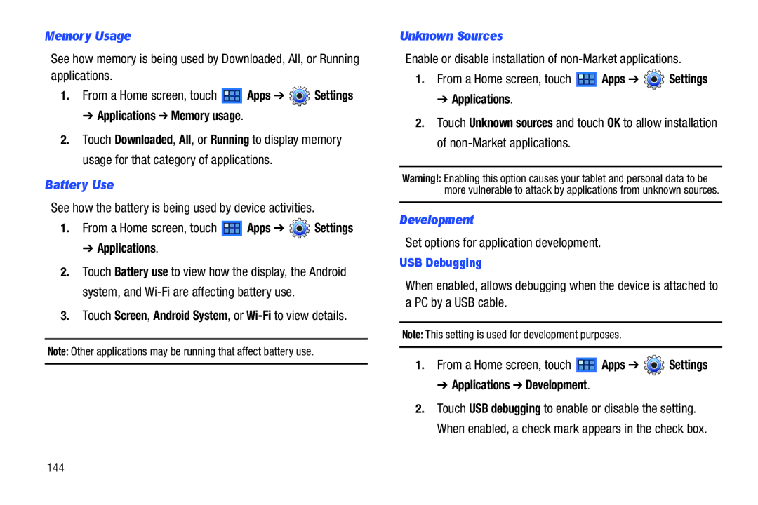 Samsung 8.9 user manual Memory Usage, Battery Use, Unknown Sources, Development 