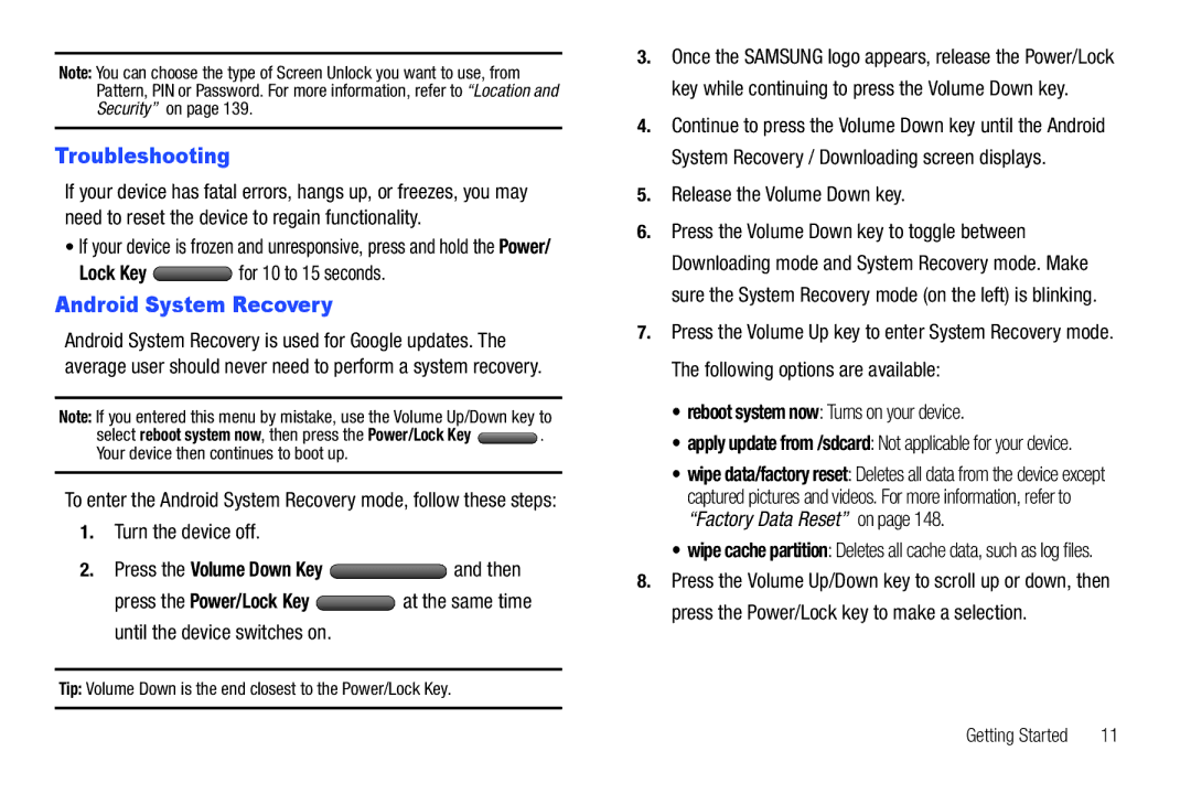 Samsung 8.9 Troubleshooting, Android System Recovery, Lock Key for 10 to 15 seconds, Release the Volume Down key 