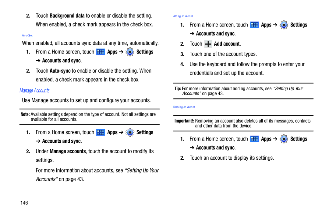 Samsung 8.9 user manual Manage Accounts, Accounts and sync Touch Add account, Touch one of the account types 