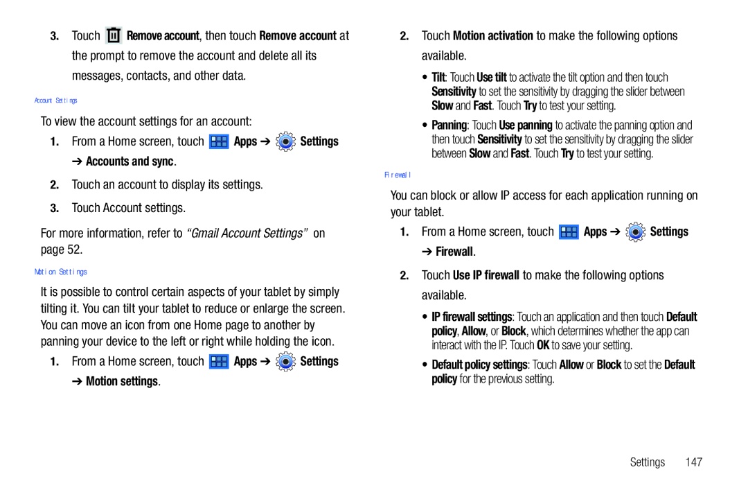 Samsung 8.9 user manual Motion Settings, Firewall, To view the account settings for an account, Motion settings 