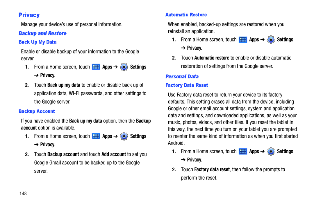 Samsung 8.9 user manual Privacy, Manage your device’s use of personal information, Backup and Restore, Personal Data 