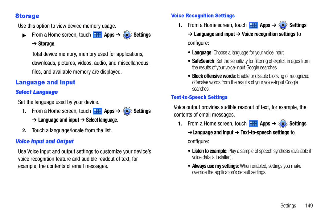 Samsung 8.9 user manual Storage, Language and Input, Select Language, Voice Input and Output 