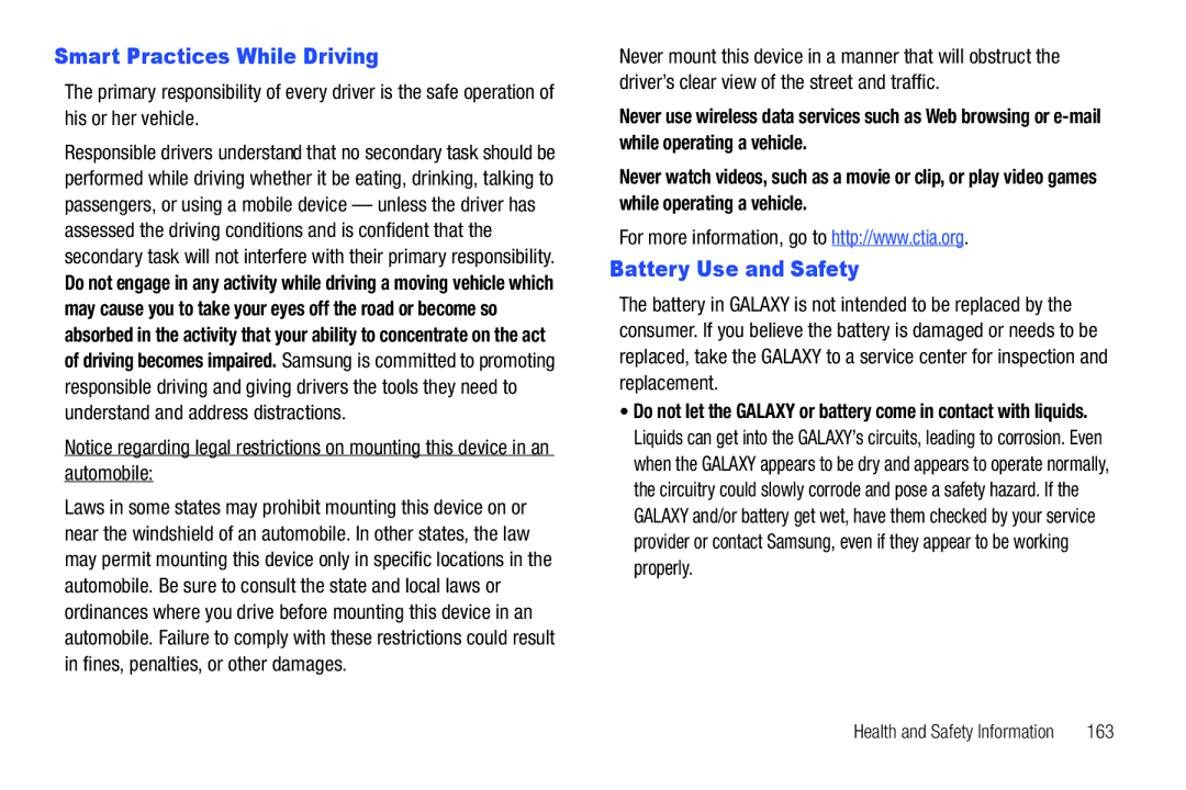 Samsung 8.9 user manual Smart Practices While Driving, Battery Use and Safety 