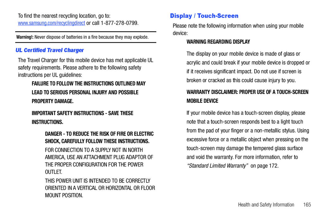 Samsung 8.9 user manual Display / Touch-Screen, UL Certified Travel Charger 