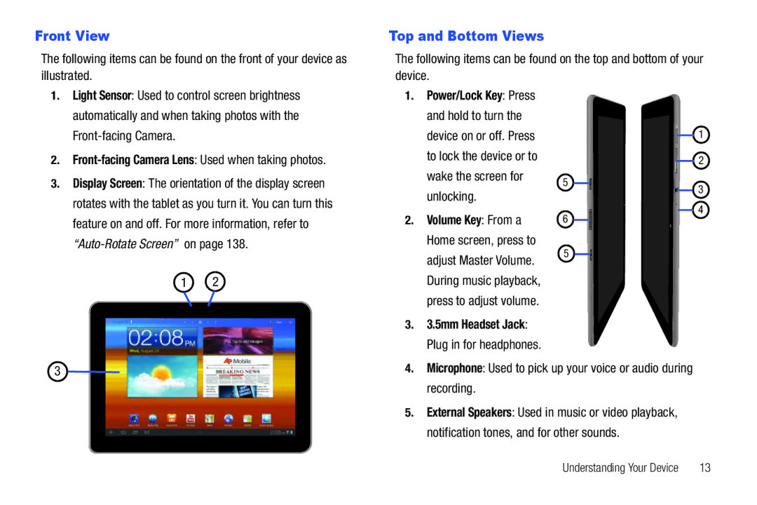 Samsung 8.9 user manual Front View, Top and Bottom Views, Power/Lock Key Press, Volume Key From a 