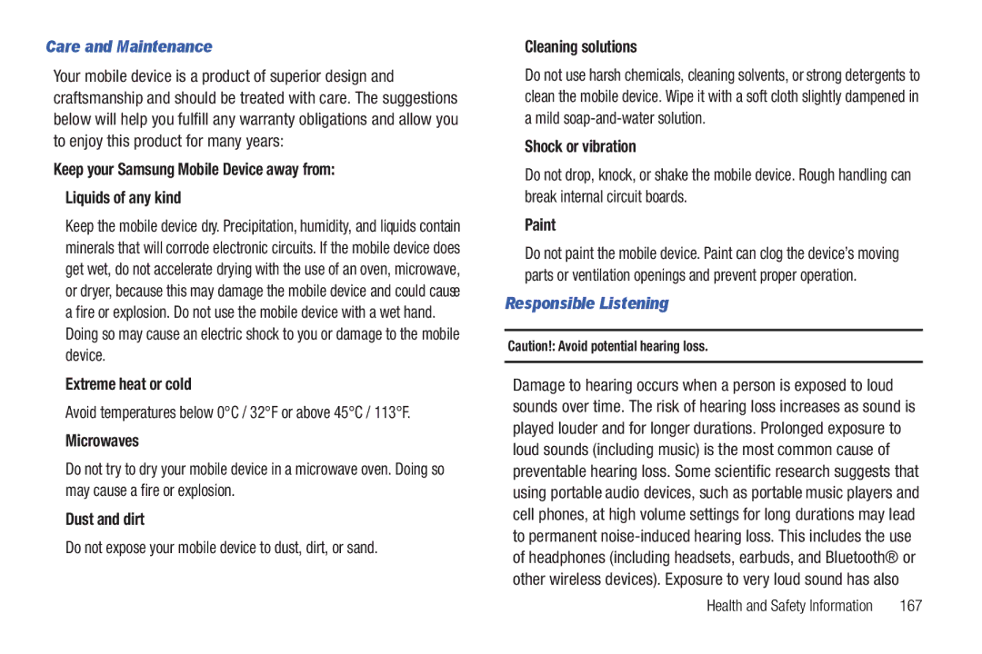 Samsung 8.9 user manual Care and Maintenance, Responsible Listening 