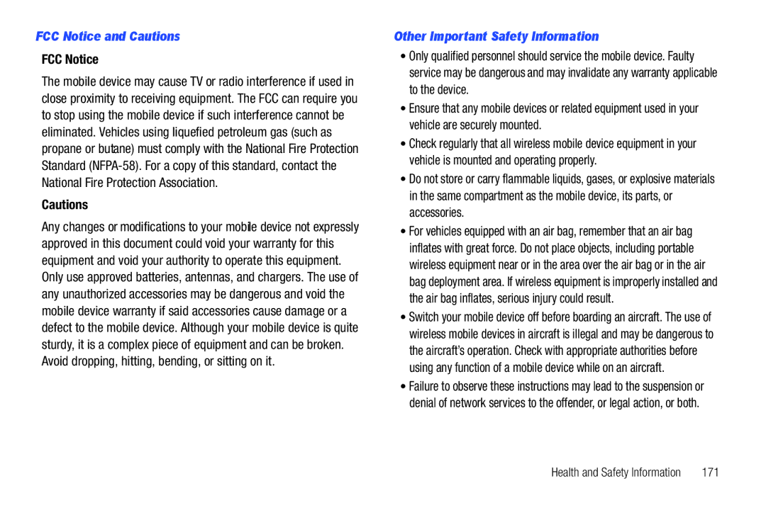 Samsung 8.9 user manual FCC Notice and Cautions, Other Important Safety Information, 171 