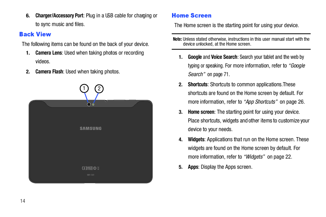 Samsung 8.9 Back View, Home Screen, Apps Display the Apps screen, Following items can be found on the back of your device 