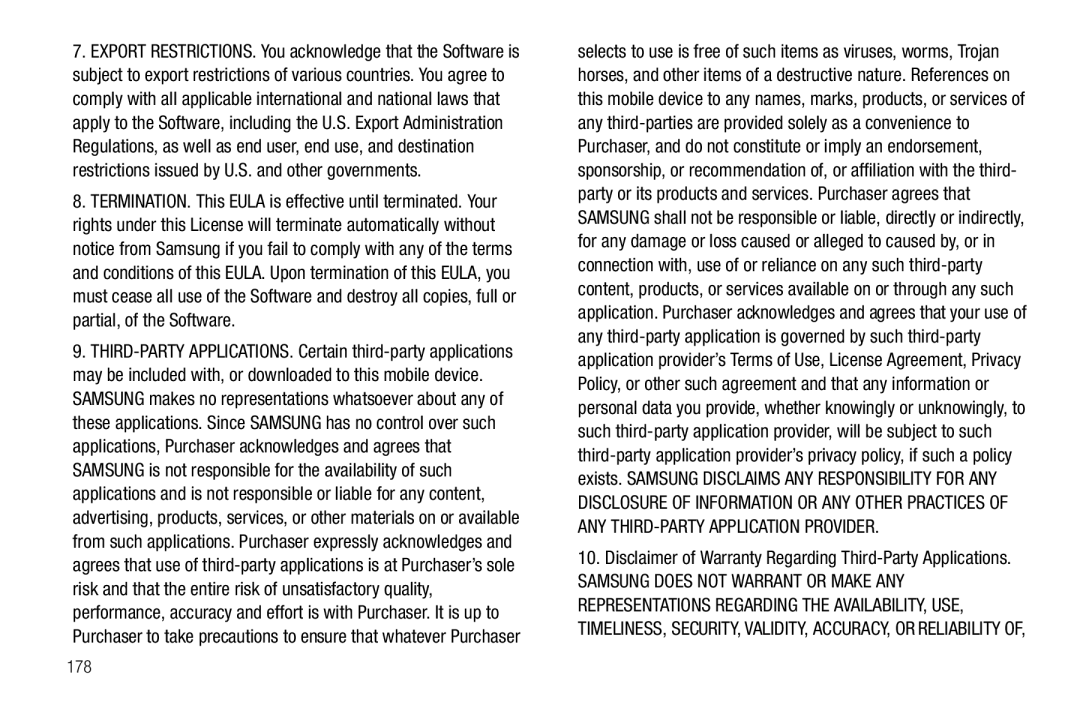 Samsung 8.9 user manual Disclaimer of Warranty Regarding Third-Party Applications, 178 