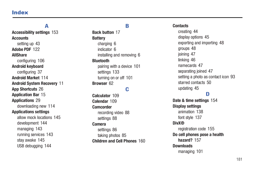 Samsung 8.9 user manual Index 