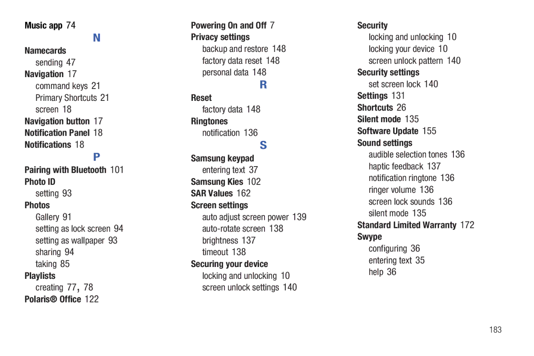 Samsung 8.9 Music app Namecards, Navigation 17 command keys 21 Primary Shortcuts 21 screen, Photos, Playlists, Reset 